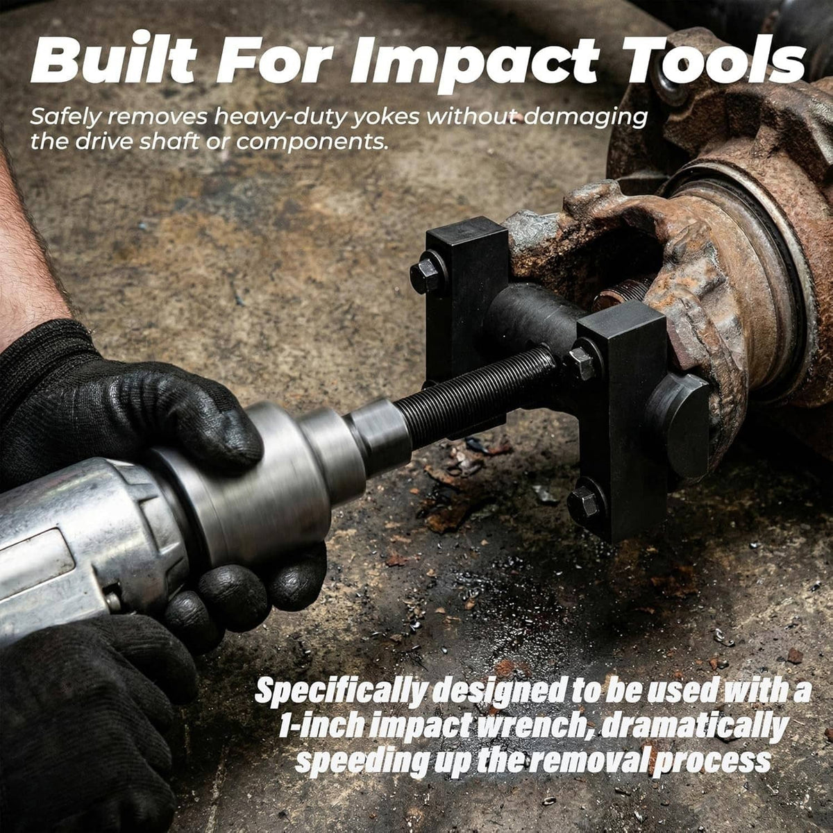 Heavy-duty yoke puller tool with threaded screw and gripping clamps for truck work