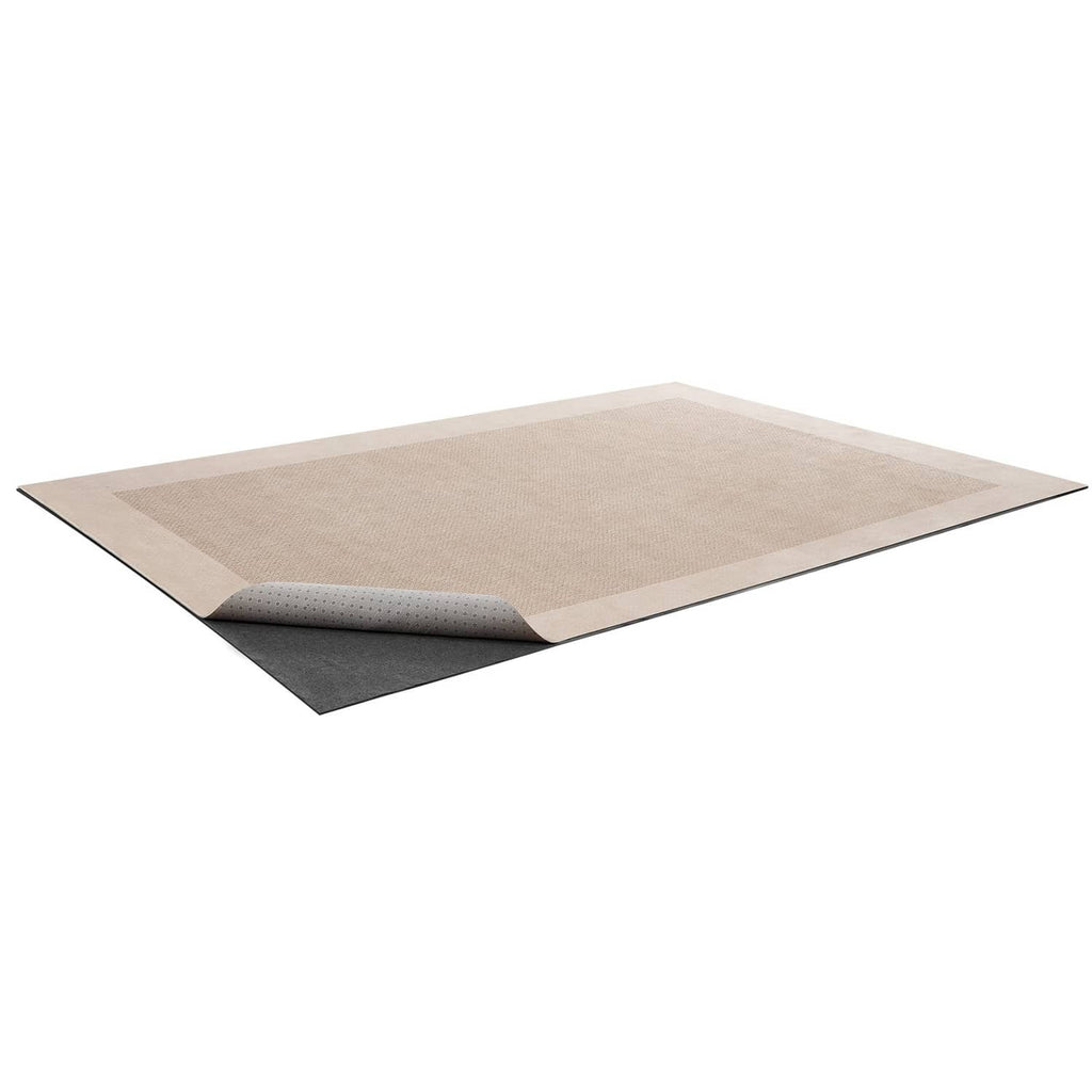 Rug pad with beige felt top and dark rubber grip underside, corner fold visible