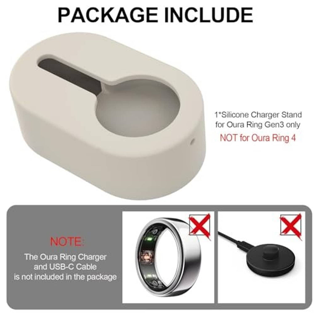 Beige silicone charger stand for Oura Ring Gen3 shown on package include graphic.