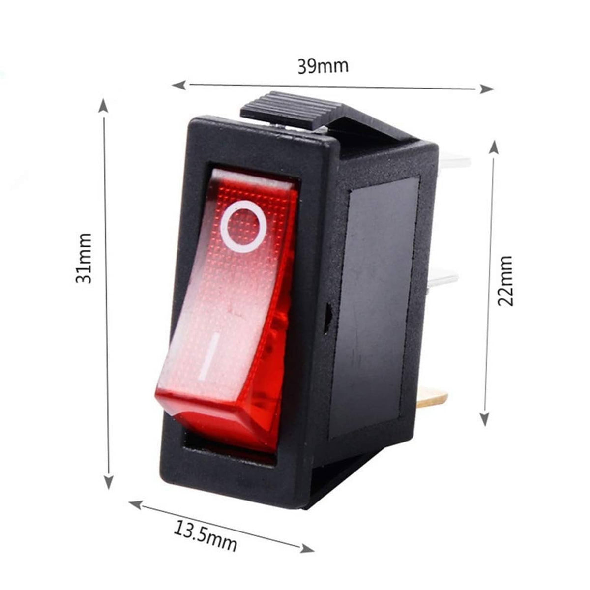 Red illuminated on-off SPST rocker switch with 3-pin terminals