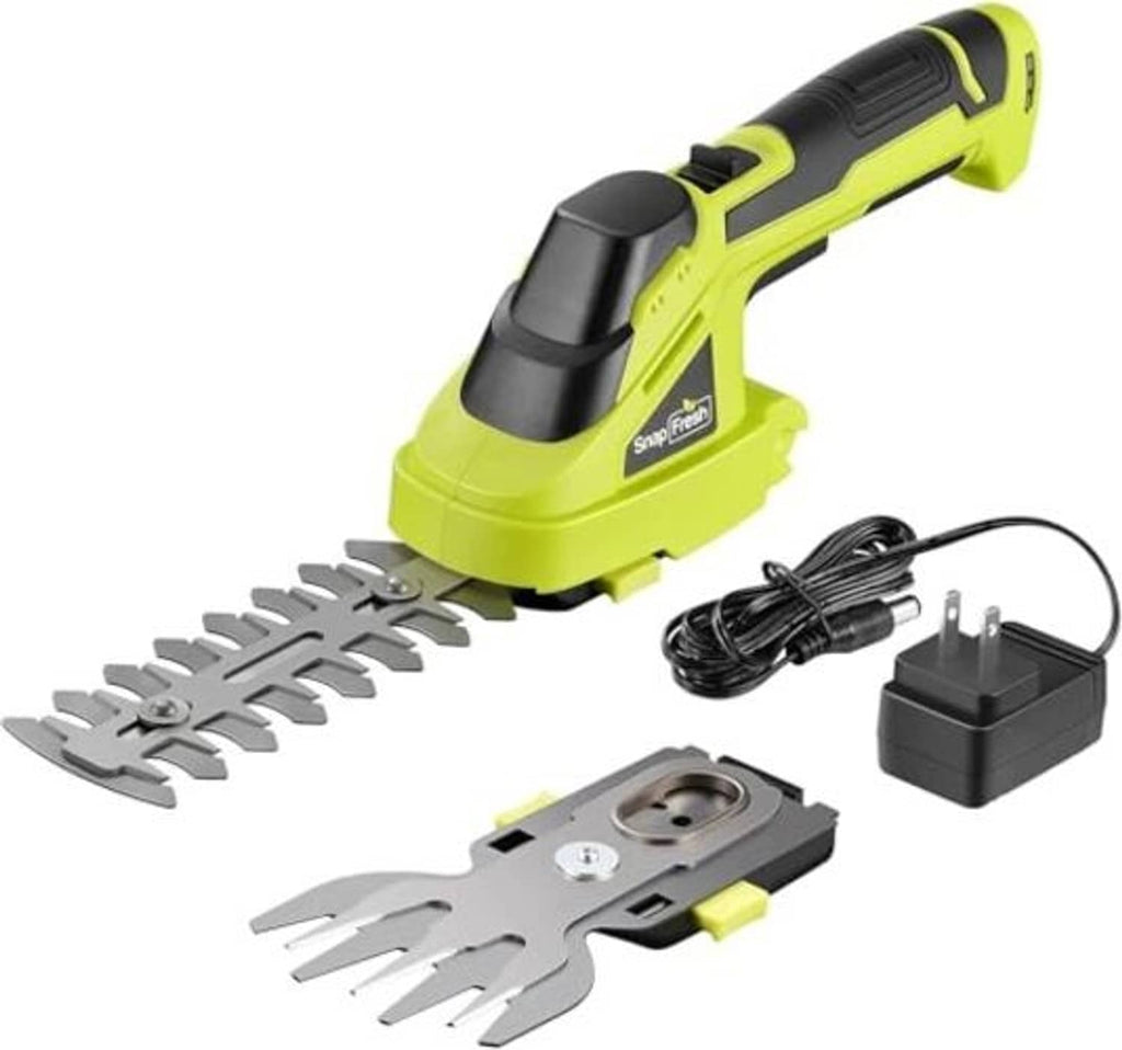 Handheld hedge and grass trimmer with lime green body, black grip, and dual blades.