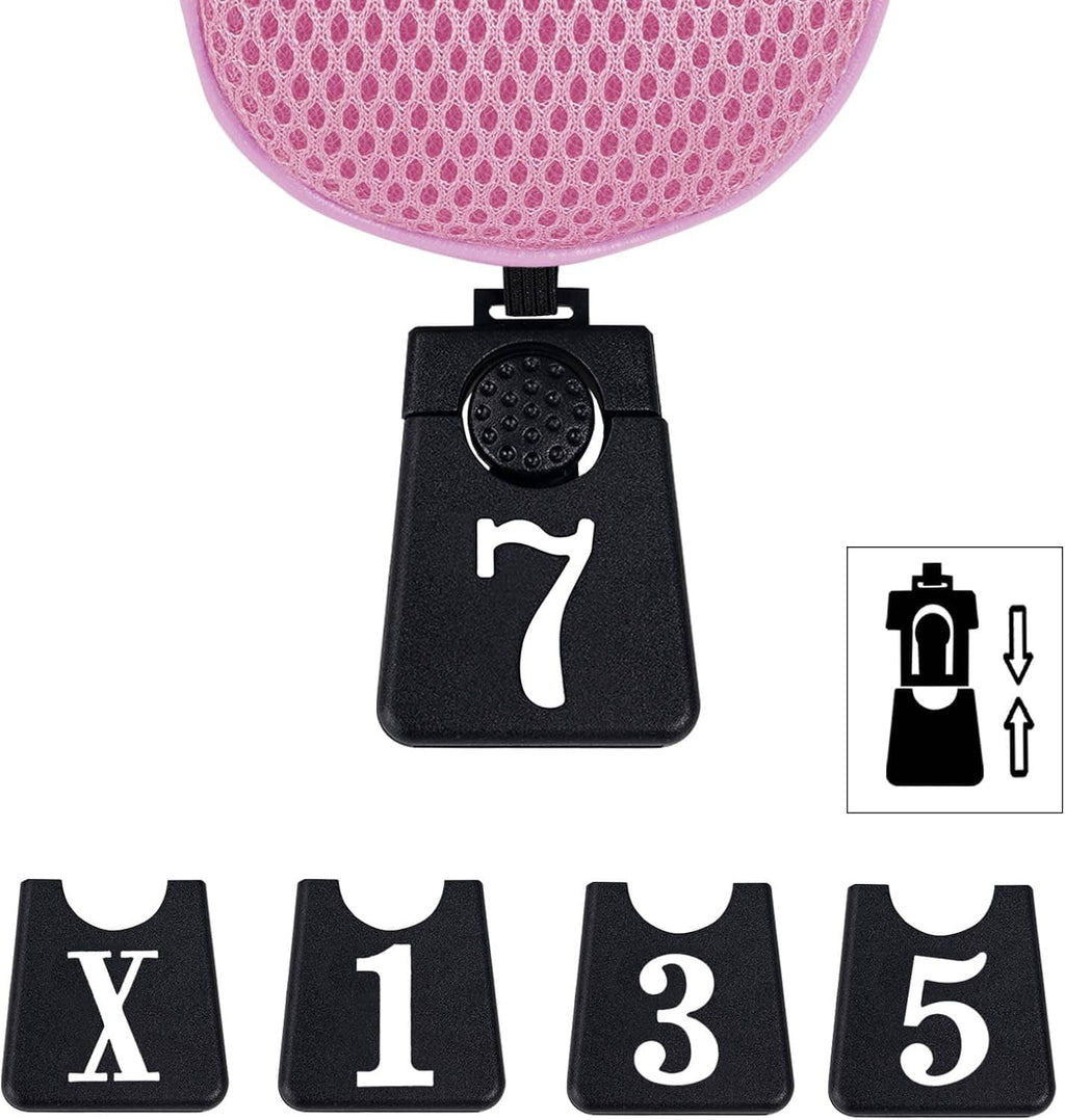 Pink mesh golf head cover top with black numbered tags: X, 1, 3, 5