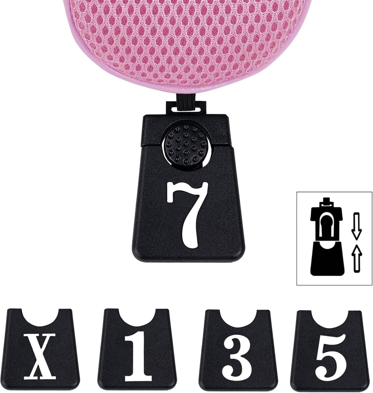 Pink mesh golf head cover top with black numbered tags: X, 1, 3, 5