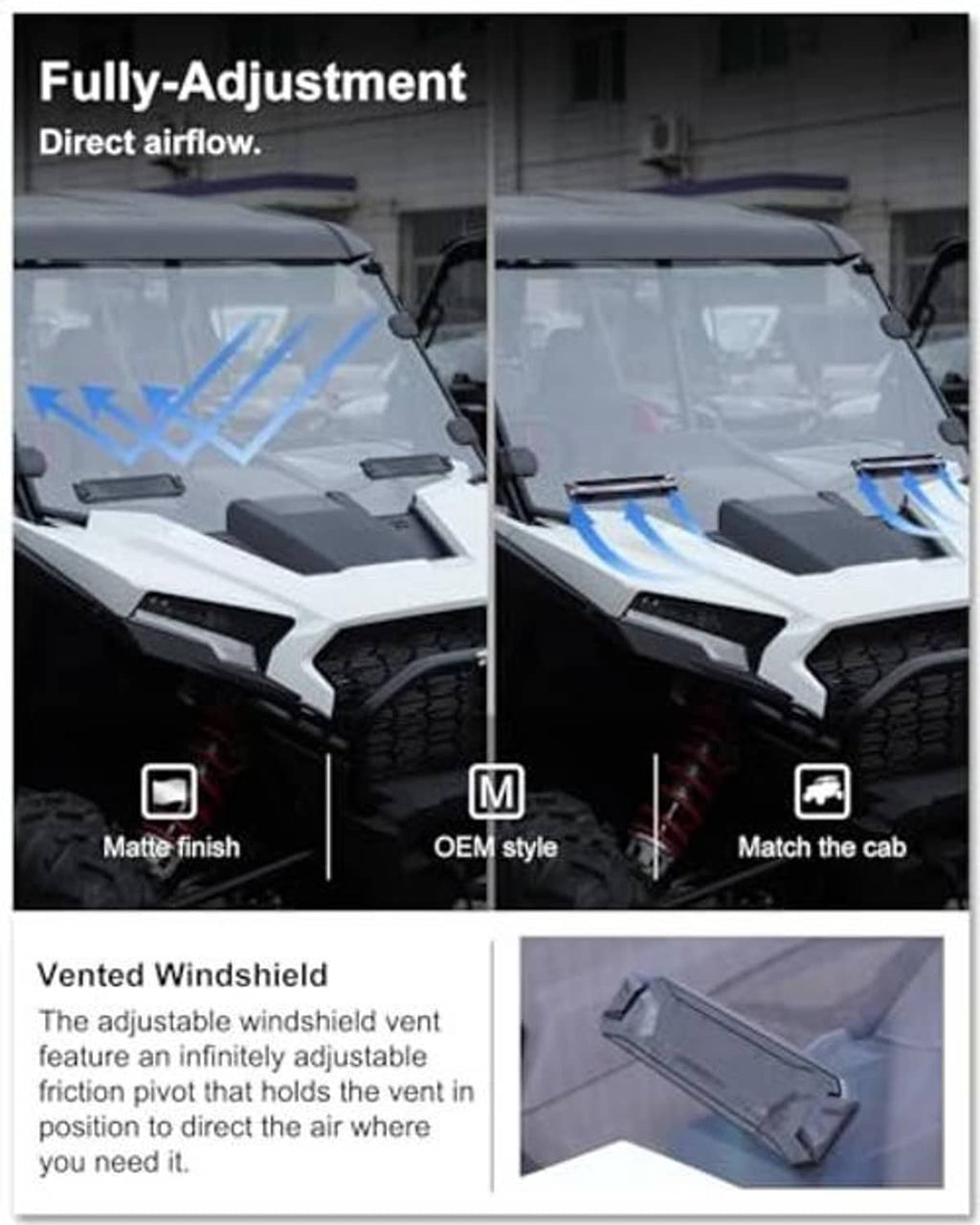 Vented full windshield for UTV with adjustable vent and twin panel design
