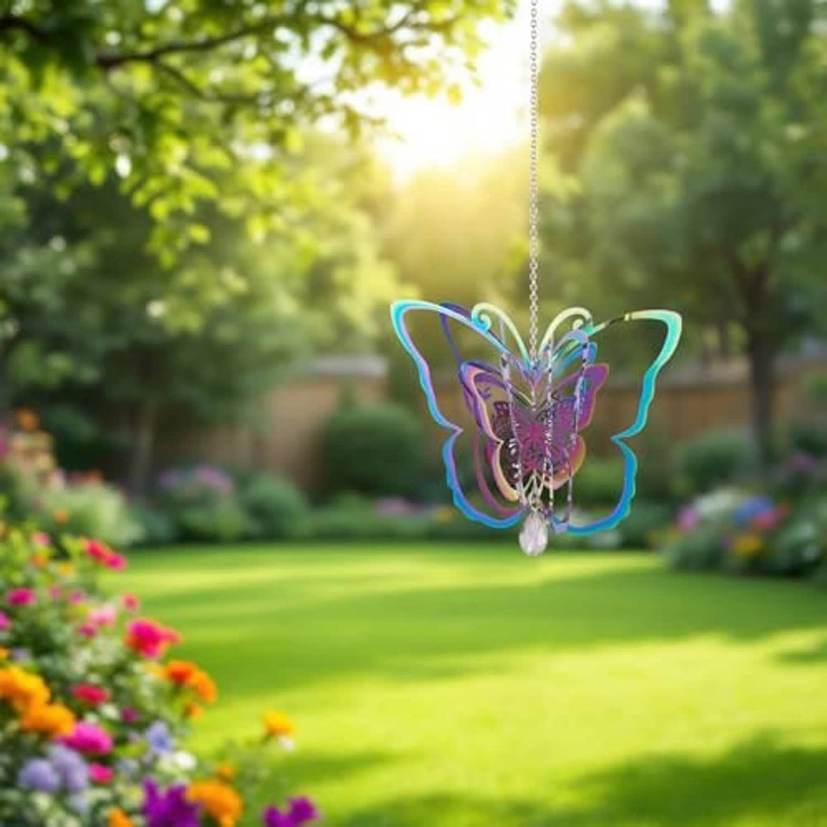Butterfly filigree hanging pendant with colorful layered wings and silver chain