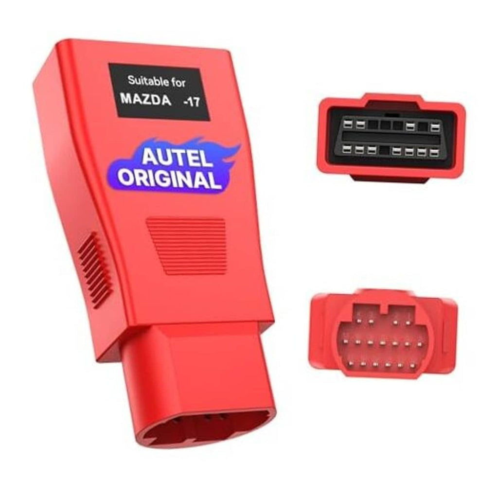 Red OBD1 to OBD2 adapter with 17-pin male connector and 16-pin female port