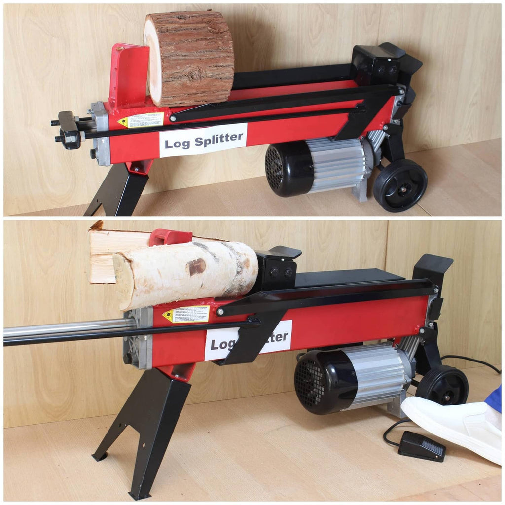 Red log splitter machine with black motor housing and blade assembly
