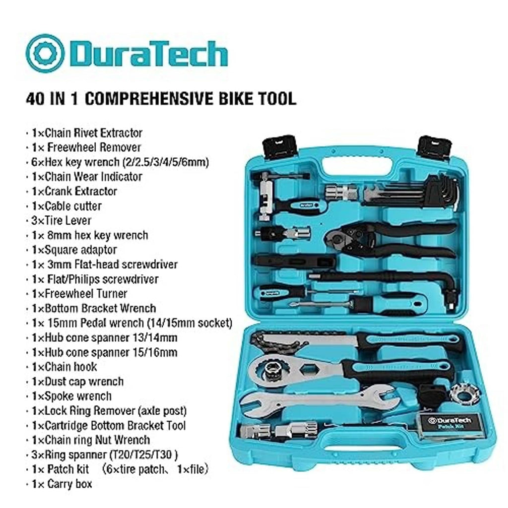 DuraTech teal bike tool kit set in hard case with assorted wrenches and bits