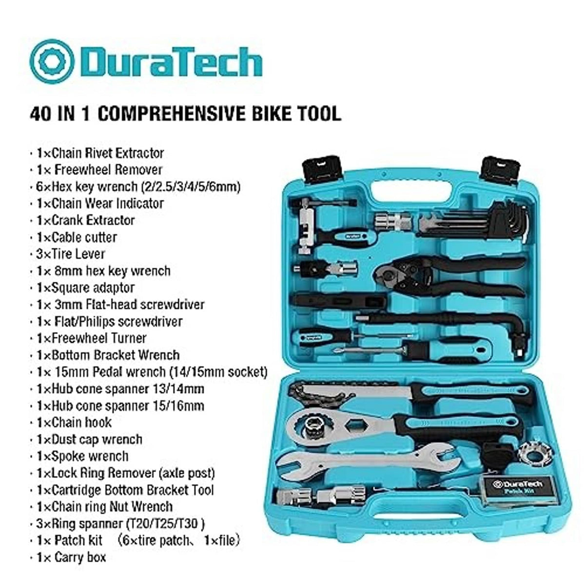 DuraTech teal bike tool kit set in hard case with assorted wrenches and bits