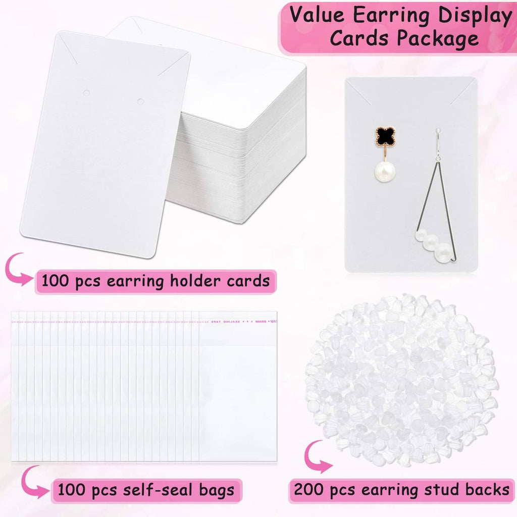 White earring holder cards with self-seal bags and earring stud back pieces