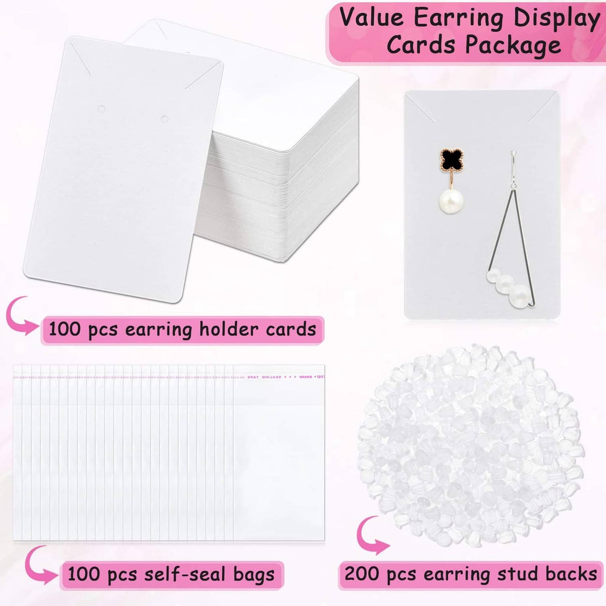 White earring holder cards with self-seal bags and earring stud back pieces