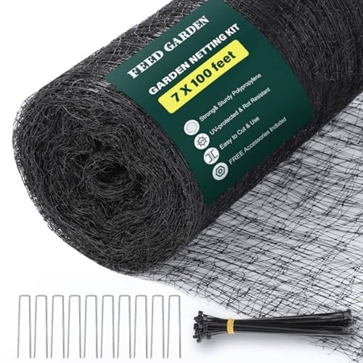 Black garden netting roll, 7 x 100 ft UV mesh, with ground pins and zip ties