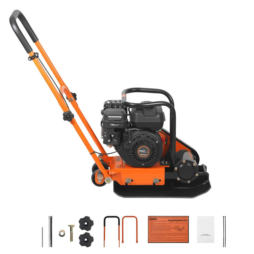 Orange and black vibrating plate compactor with base plate and included accessory parts