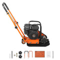 Orange and black vibrating plate compactor with base plate and included accessory parts