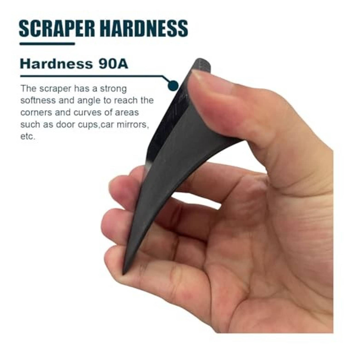 Black anti-scratch squeegee scraper held in hand with curved blade edge