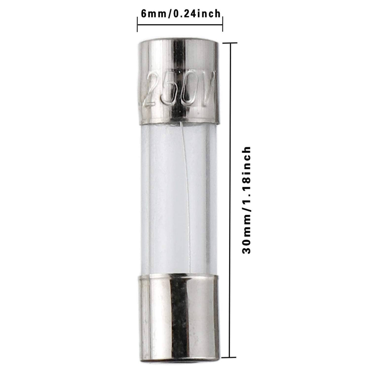 200V fast-blow glass fuse, clear body, metal end caps, 6x30mm