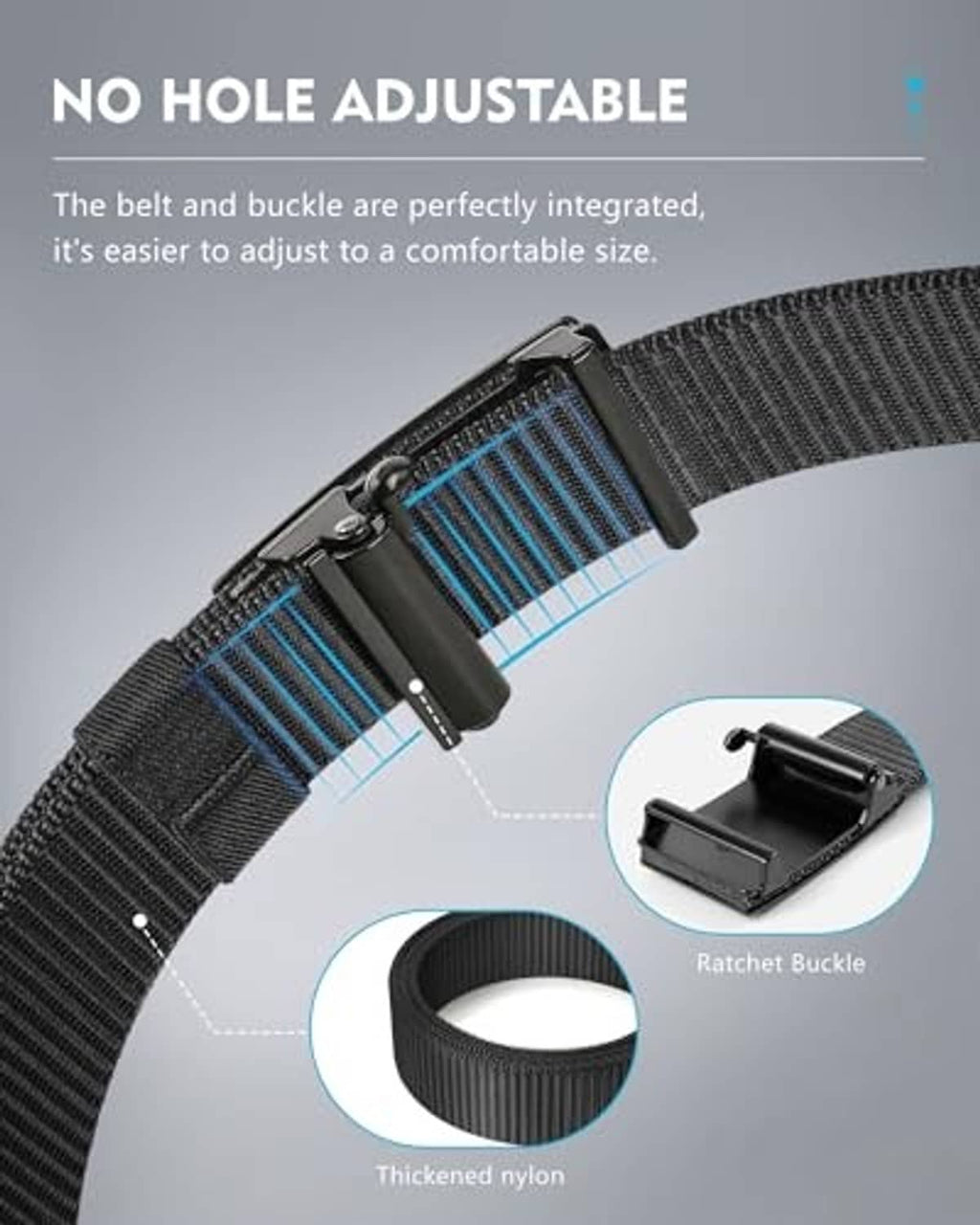 Black no-hole adjustable ratchet buckle belt with integrated strap and dark buckle.