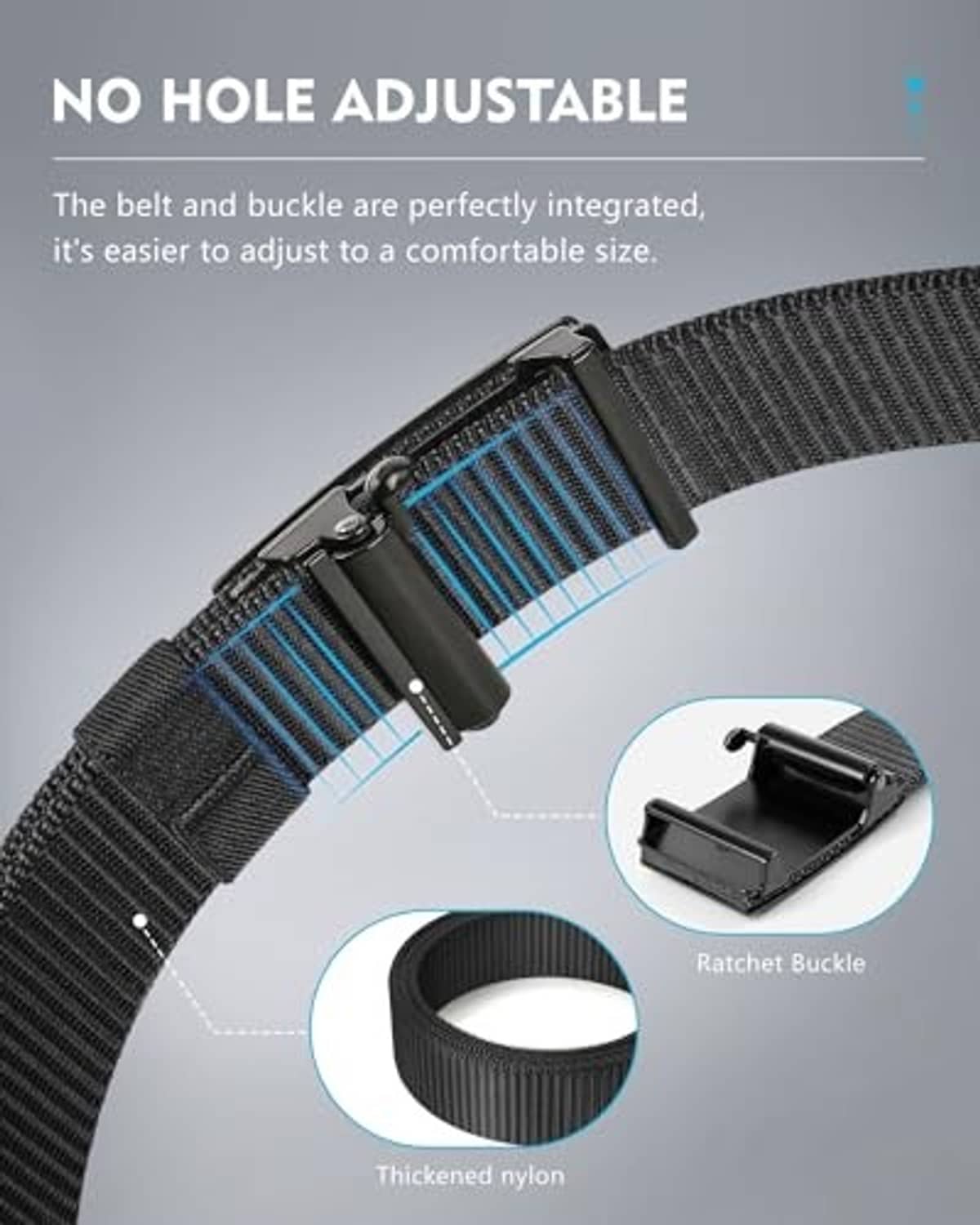 Black no-hole adjustable ratchet buckle belt with integrated strap and dark buckle.