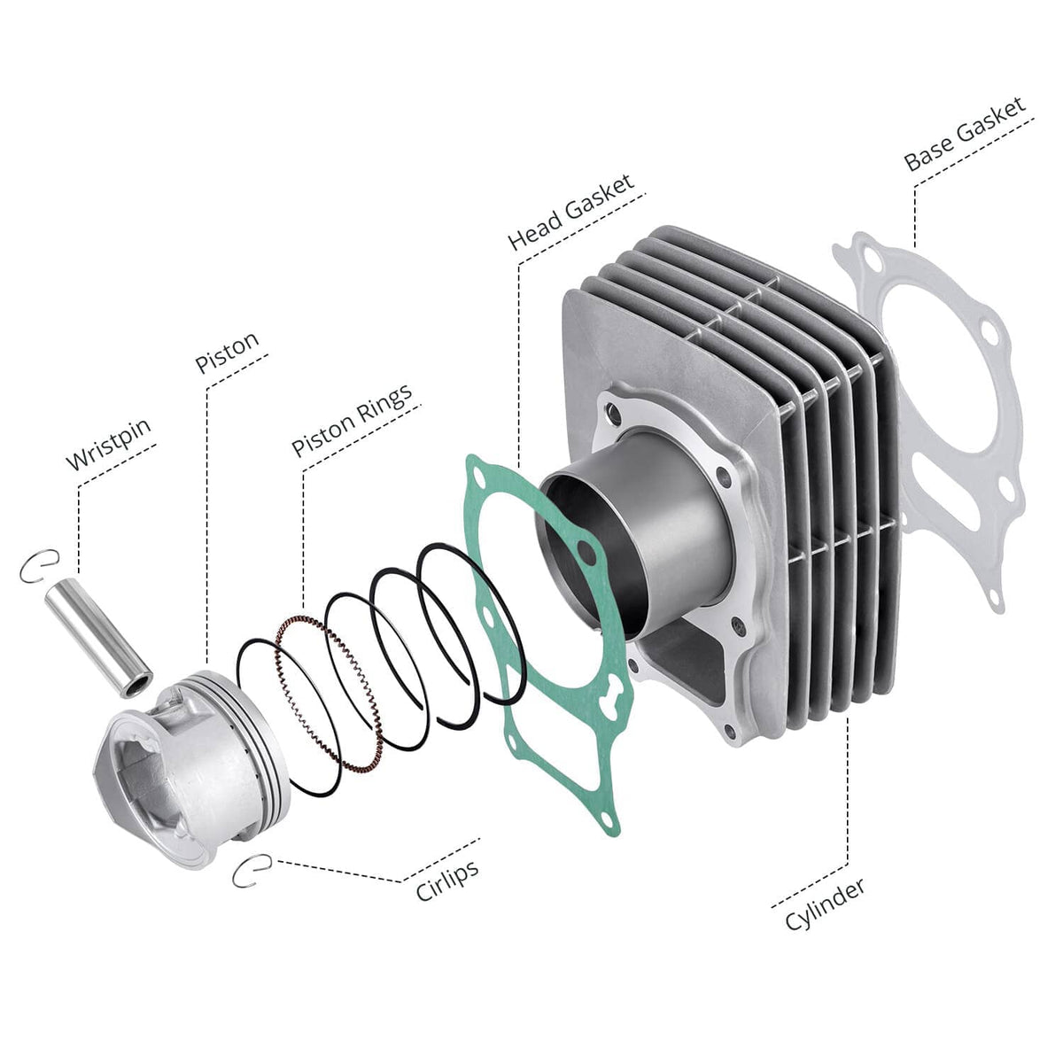 Exploded view of cylinder and piston components: cylinder, head gasket, rings, and piston