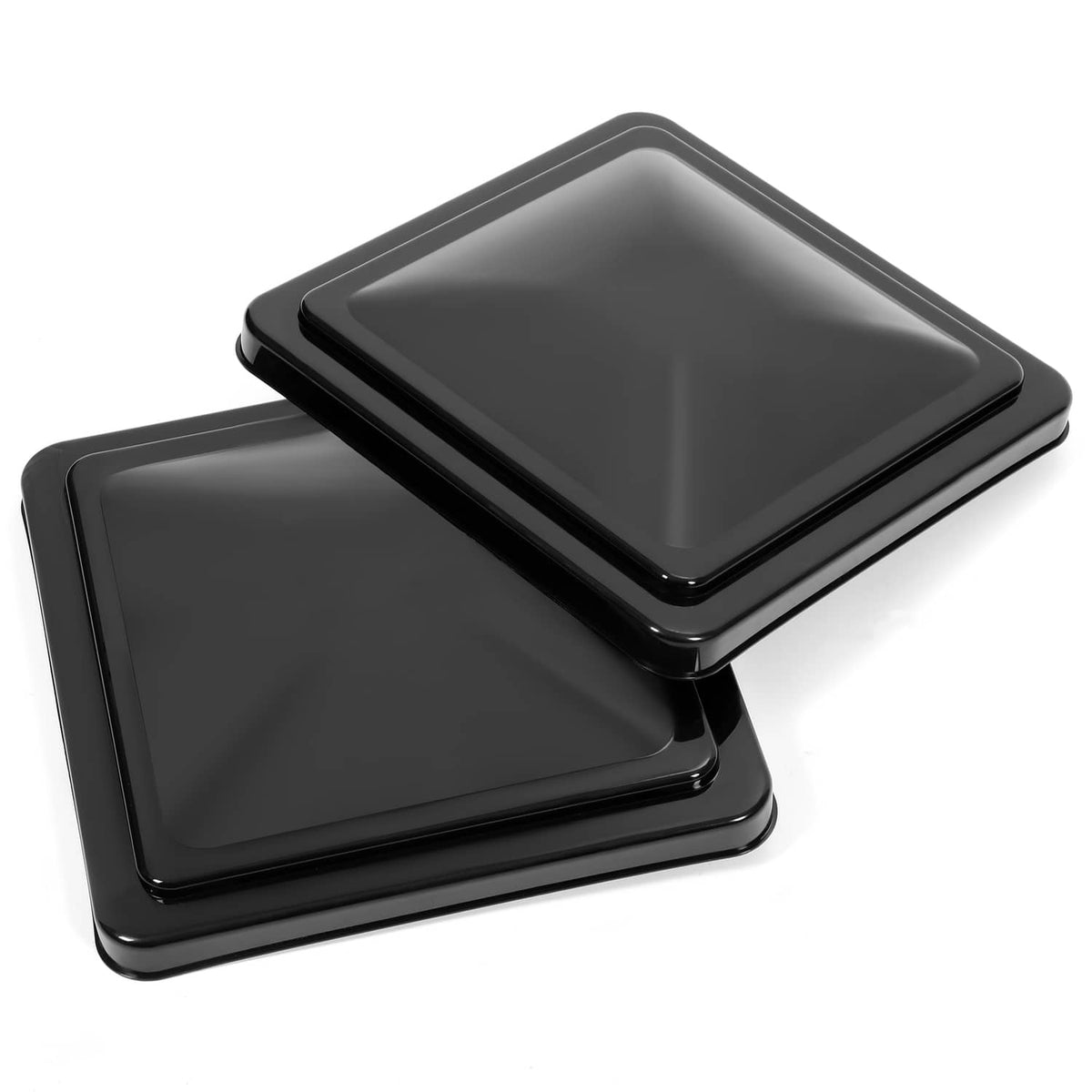 Pair of black RV roof vent covers with tinted square windows