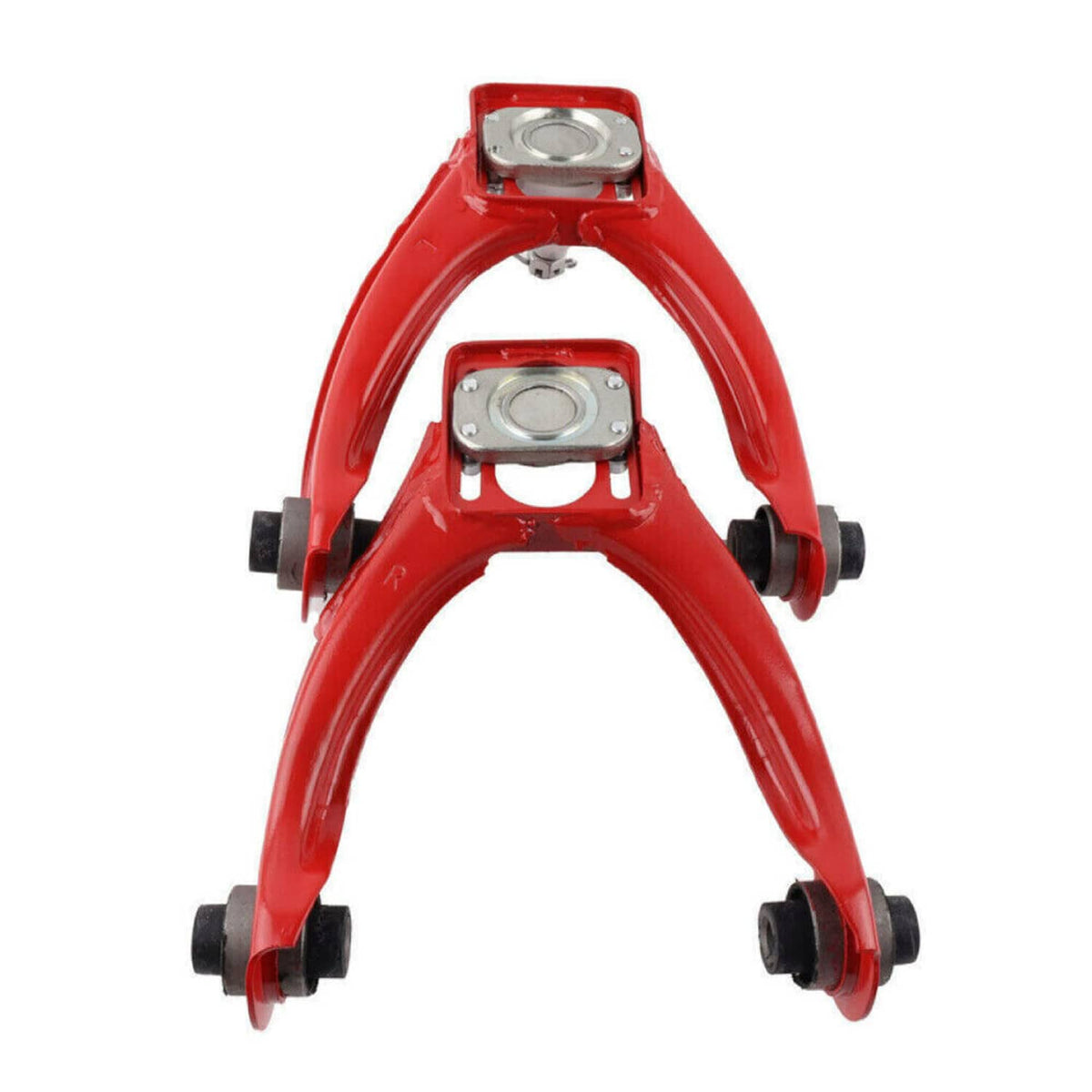 Pair of red front adjustable camber control arms with adjustable camber plates