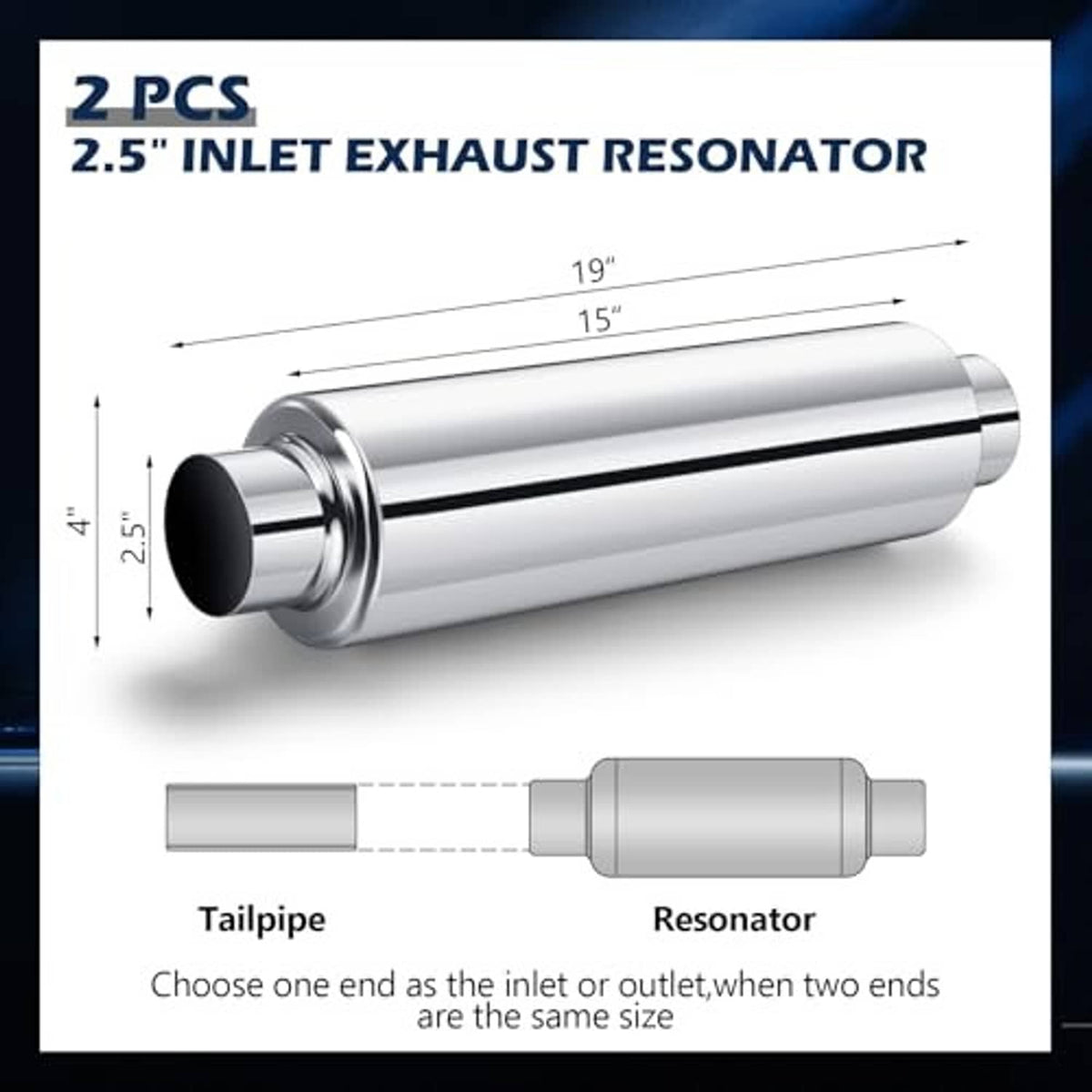 Silver 2.5 in inlet exhaust resonator pair showing tailpipe and resonator sections