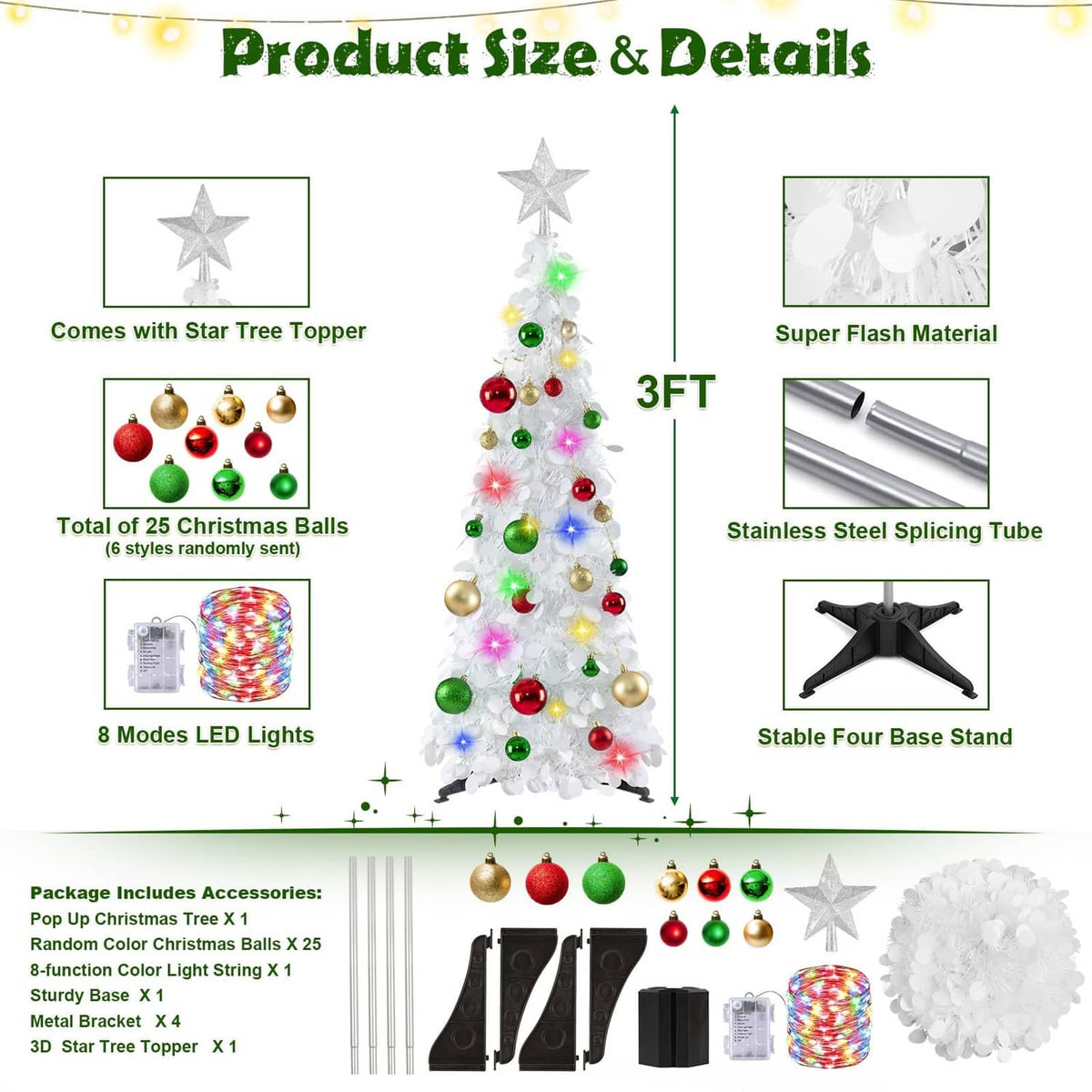 3ft pop-up Christmas tree kit with star topper, multicolor LED lights, ornaments and stand
