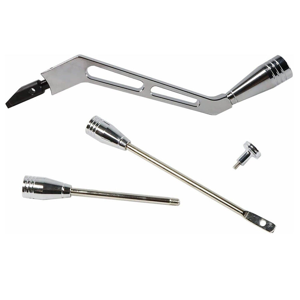 Polished column shifter lever kit with chrome lever, long rods, and mounting hardware