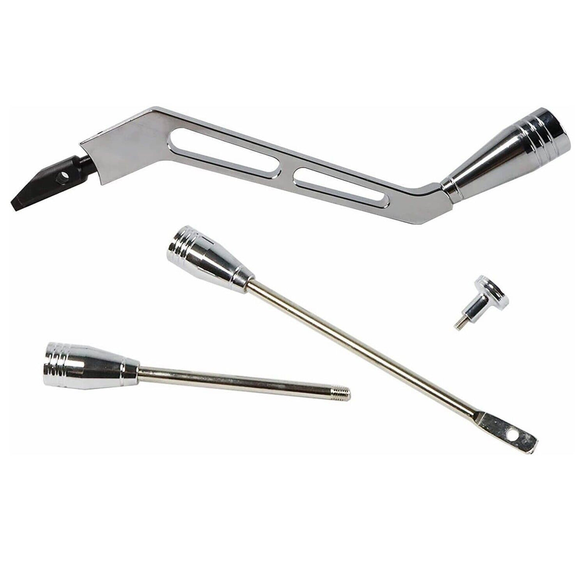 Polished column shifter lever kit with chrome lever, long rods, and mounting hardware