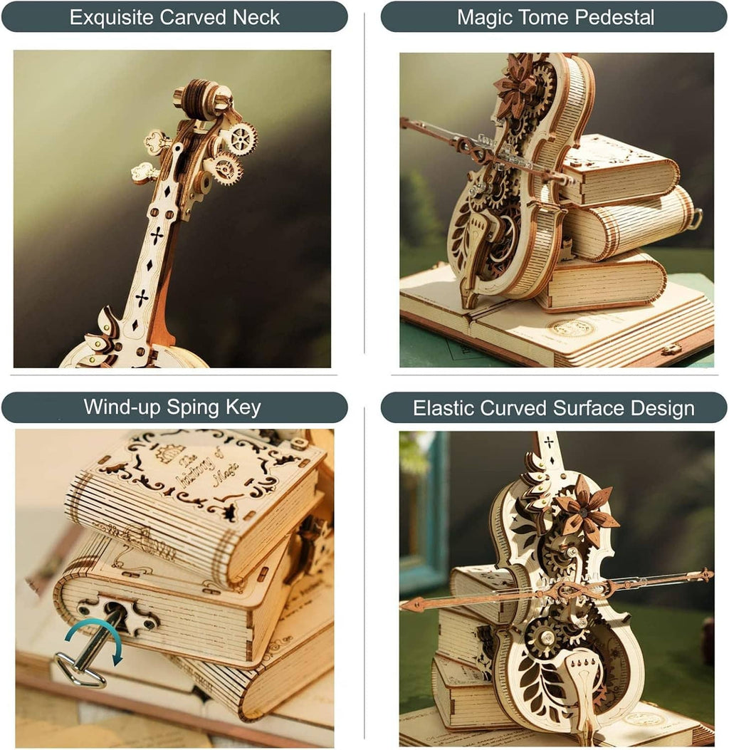 Wooden 3D mechanical cello model kit, featuring spring key and curved pedestal