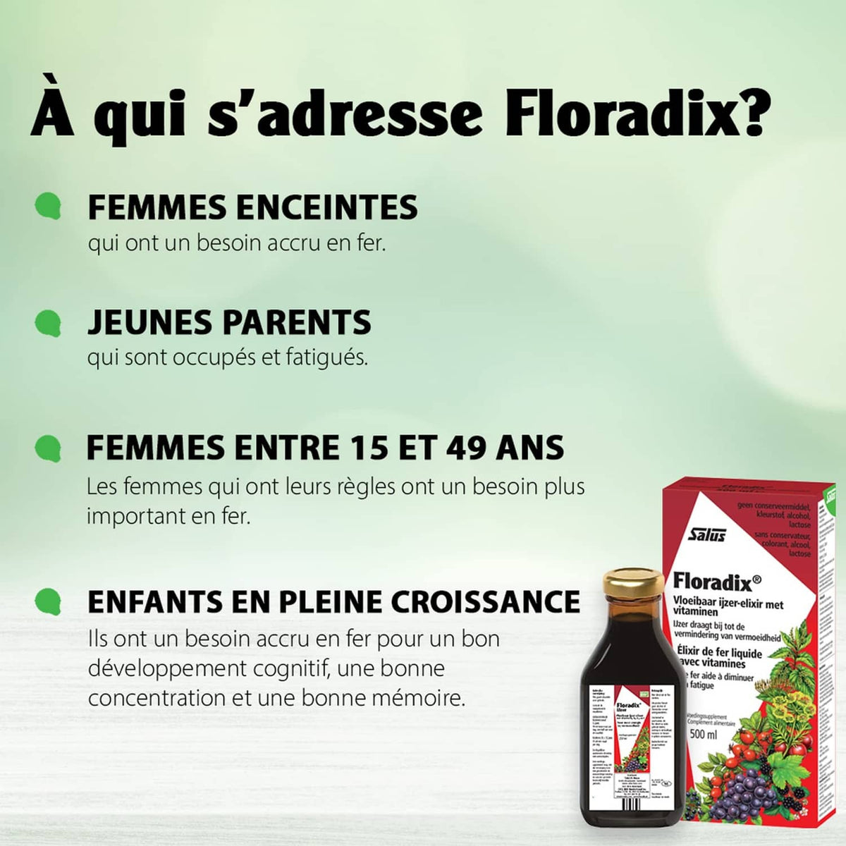 Liquid iron supplement bottle with 250 ml pack, shown for different age groups