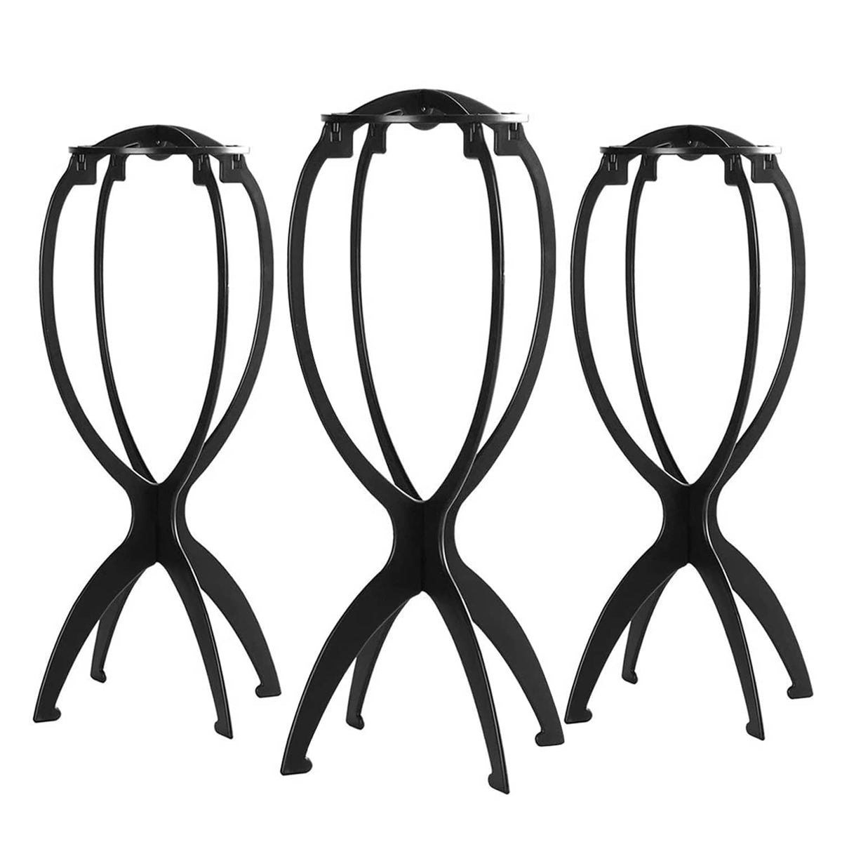 Black wig head stand with hourglass base; set of three shown