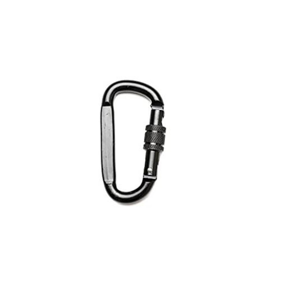 Carabiner connector for treestand safety rope, metal snap hook with black strap