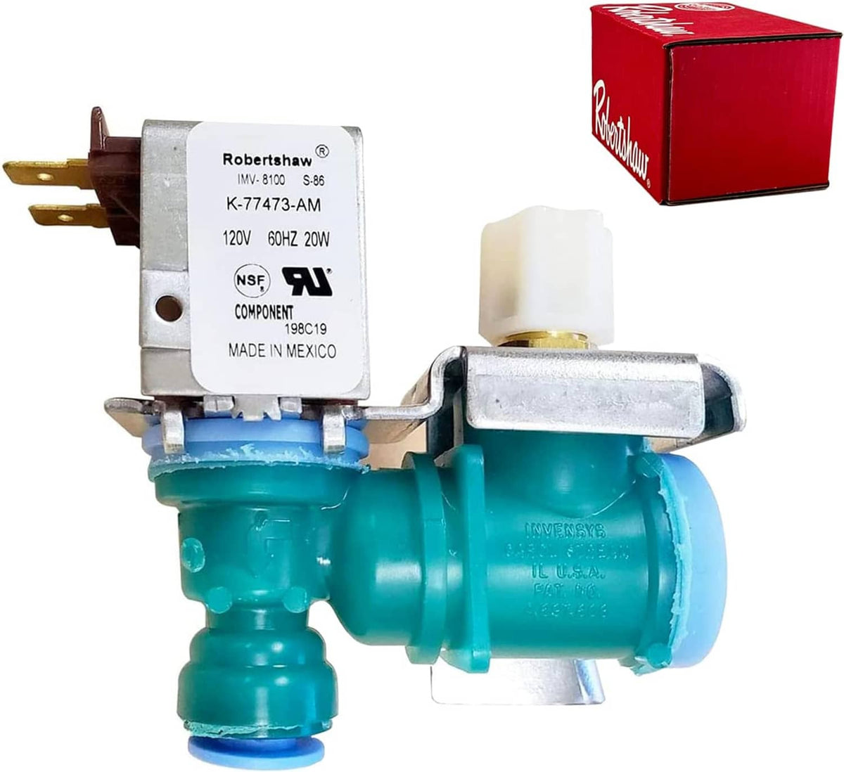 Teal water inlet valve assembly with white top cap, gray bracket, and electrical leads