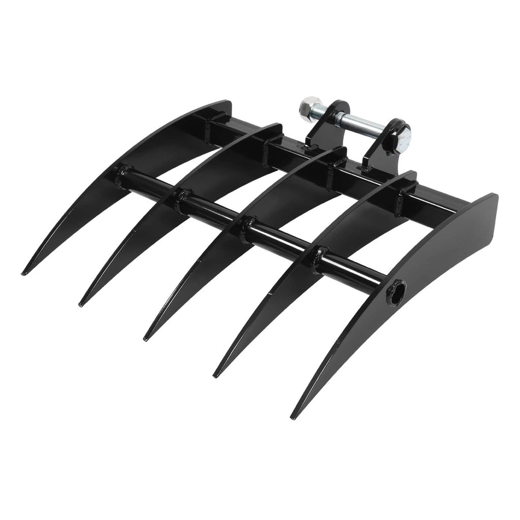 Mini excavator rake attachment with black angled tine guard and multiple steel points