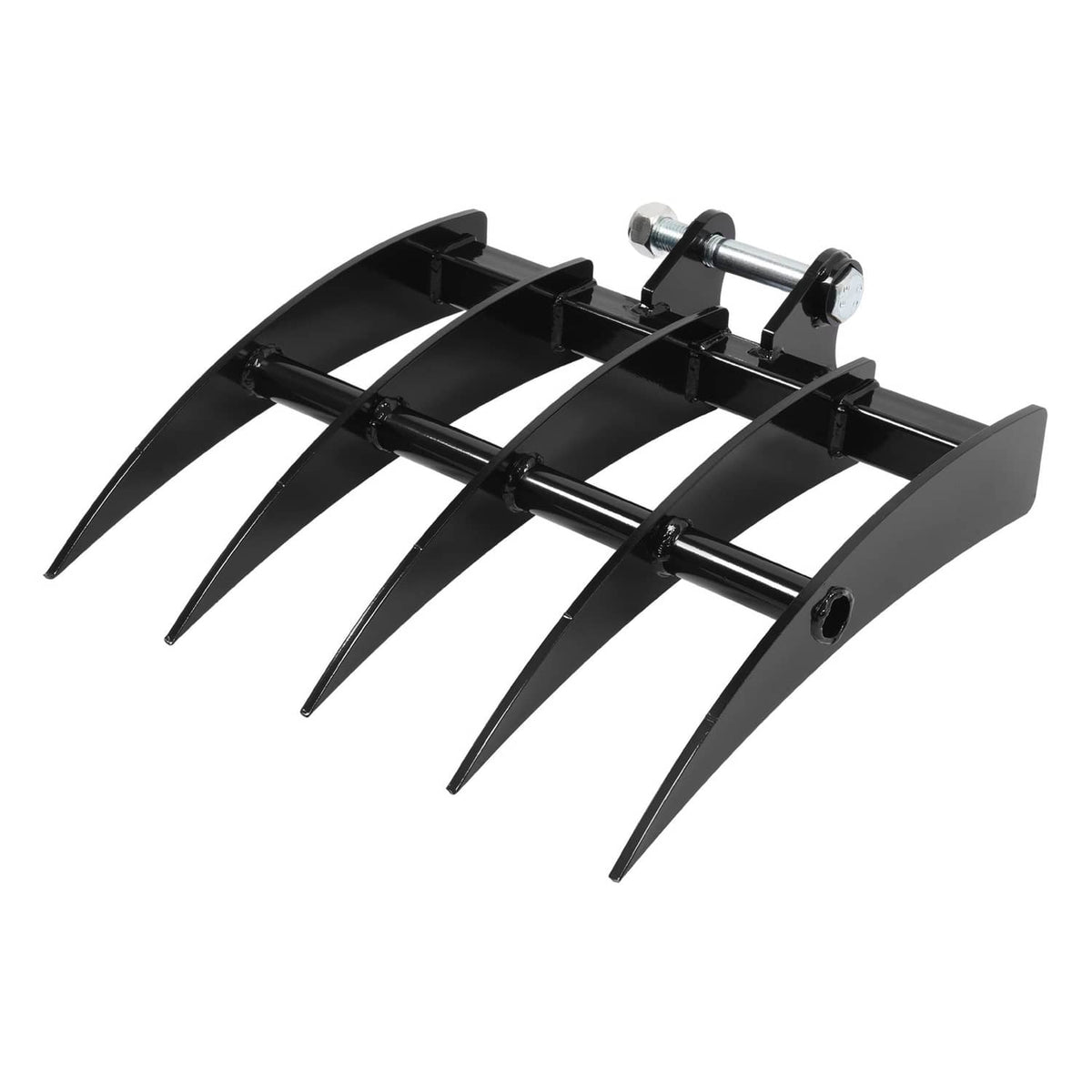 Mini excavator rake attachment with black angled tine guard and multiple steel points