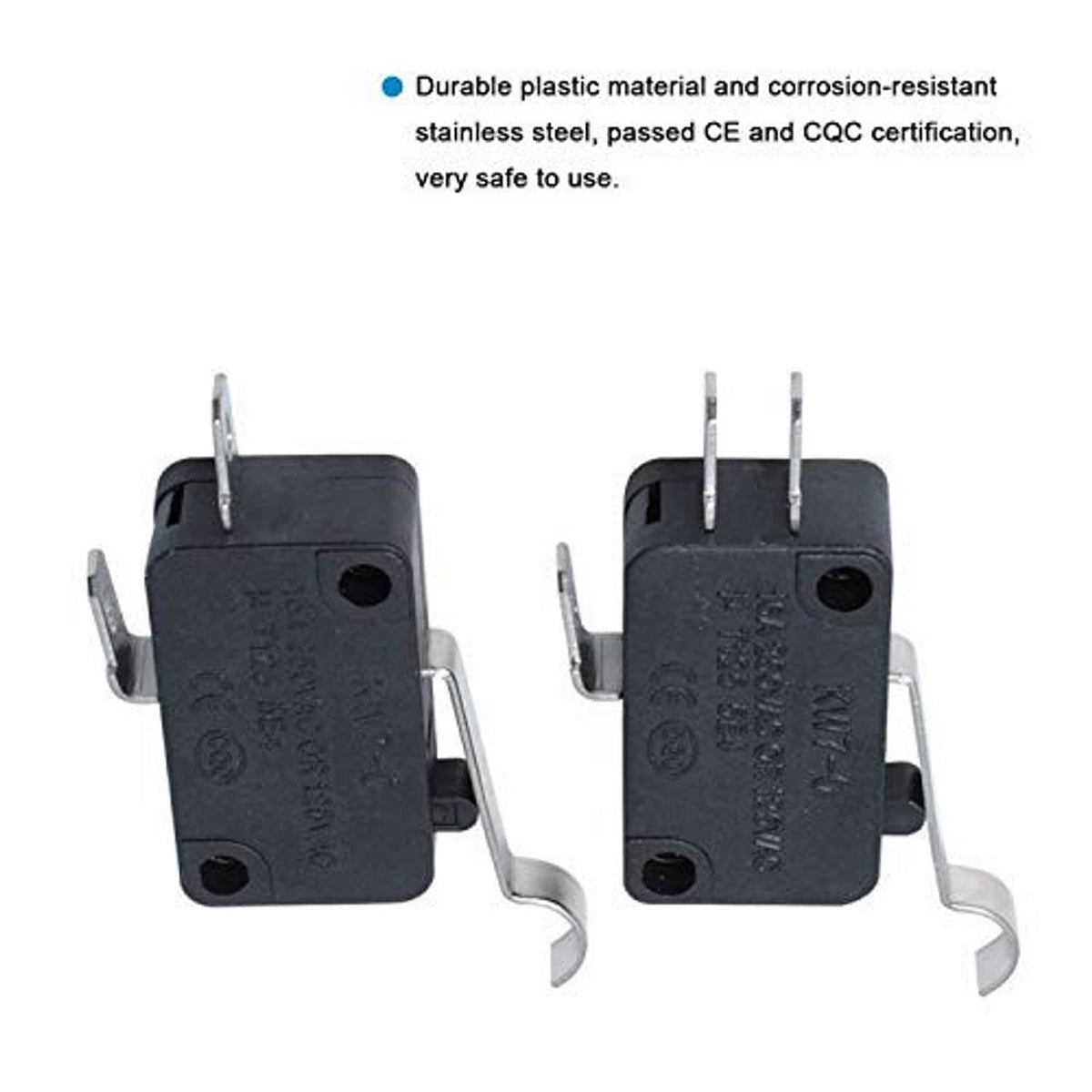 Pair of black micro switches with metal pin terminals and side mounting tabs.