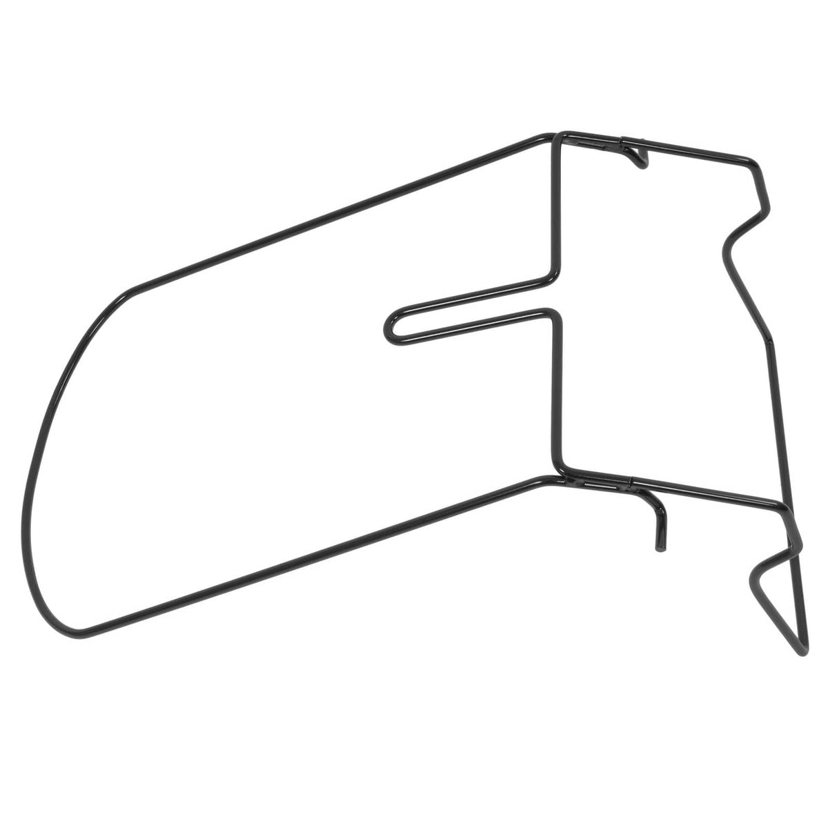 Black steel mower bag frame with curved bottom and panel-like side guard