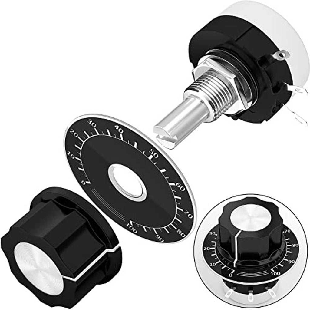 Rotary potentiometer showing black control knob, marked dial, and silver threaded adjustment shaft
