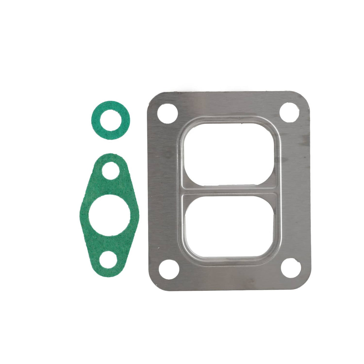 Turbocharger gasket set with two metal gasket plates and green seals