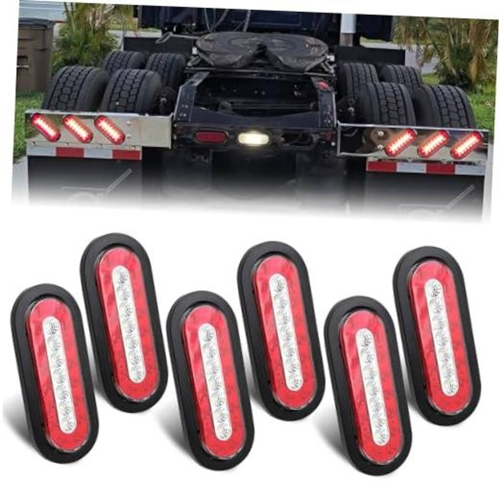 Set of six oval LED trailer tail lights with red lenses and white LED strip