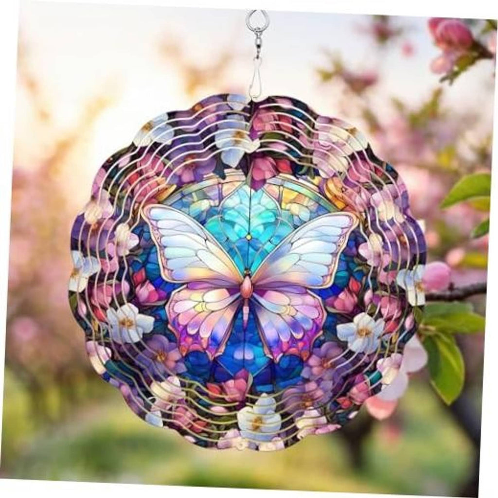 Stained-glass butterfly wind spinner with colorful circular disc and hanging hook