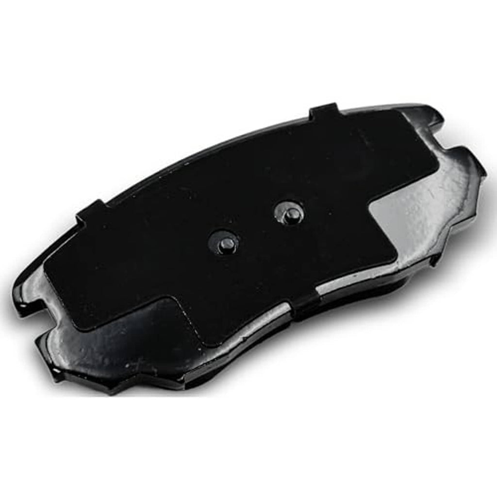 Ceramic brake pad back plate, black metal backing with two round holes and curved edges