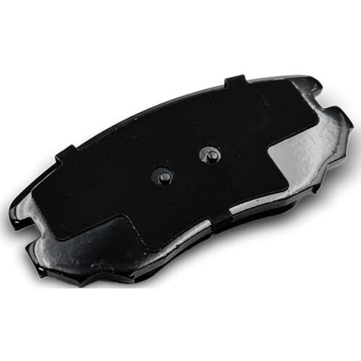 Ceramic brake pad back plate, black metal backing with two round holes and curved edges