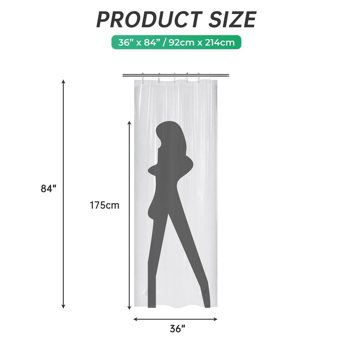 Clear shower curtain liner size 36 x 84 in with hanging panel outline