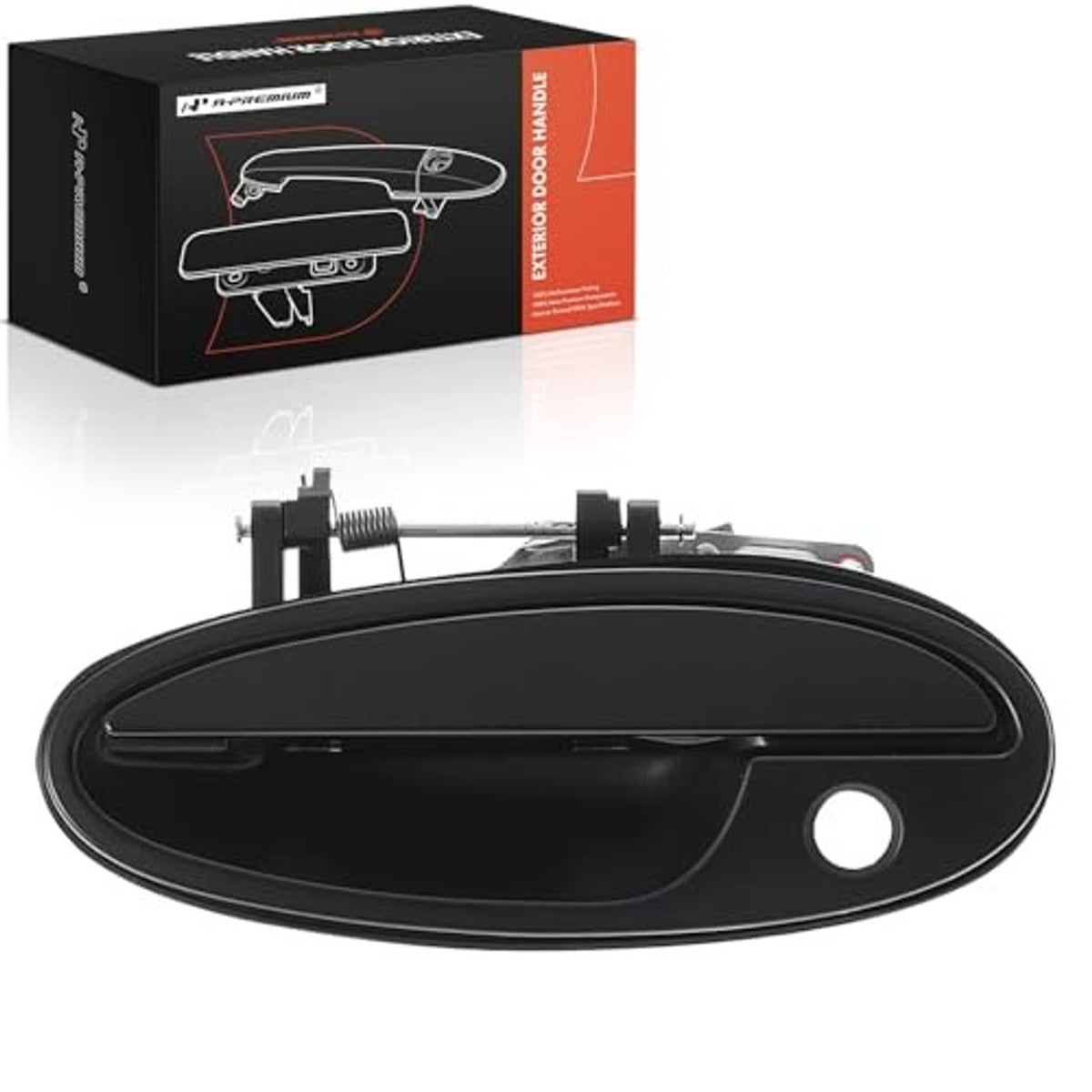 Front exterior door handle with keyhole cutout, smooth black finish