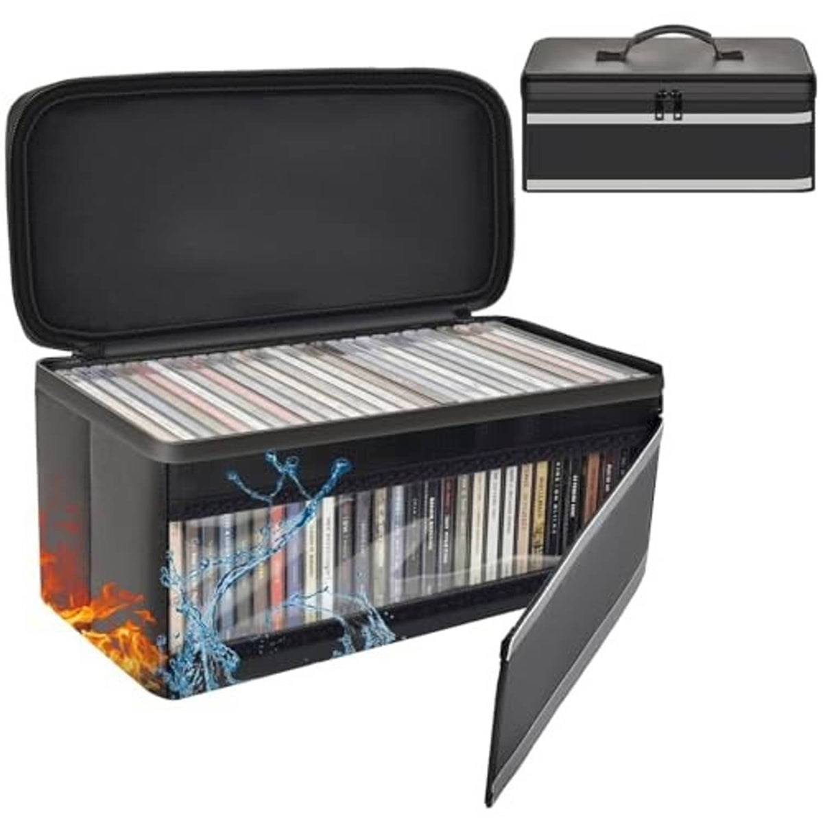 Black CD storage box with clear window, open front showing CDs in jewel cases.