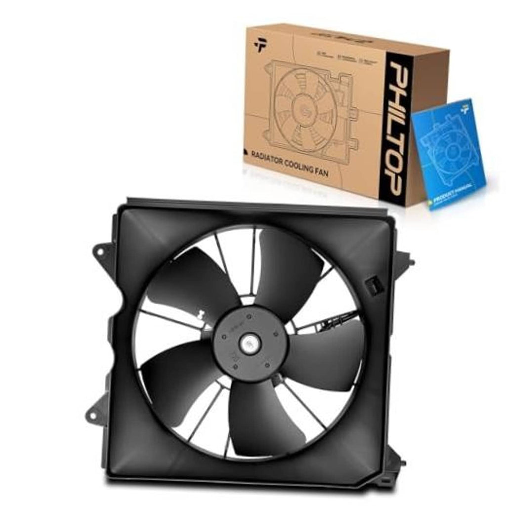 Radiator cooling fan assembly with black shroud and multi-blade fan, round motor hub