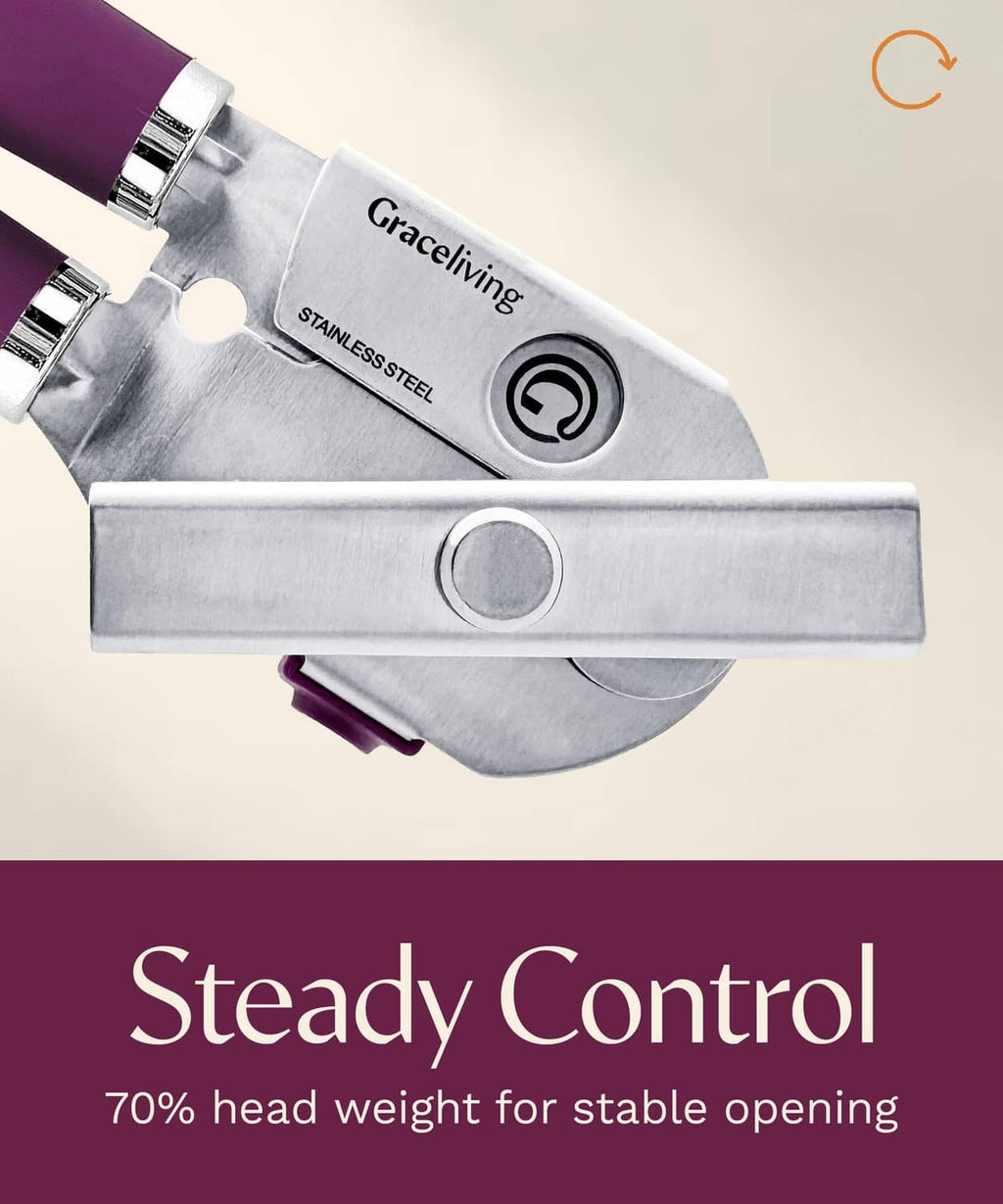 Manual can opener with stainless steel bar and mauve handles, steady control design