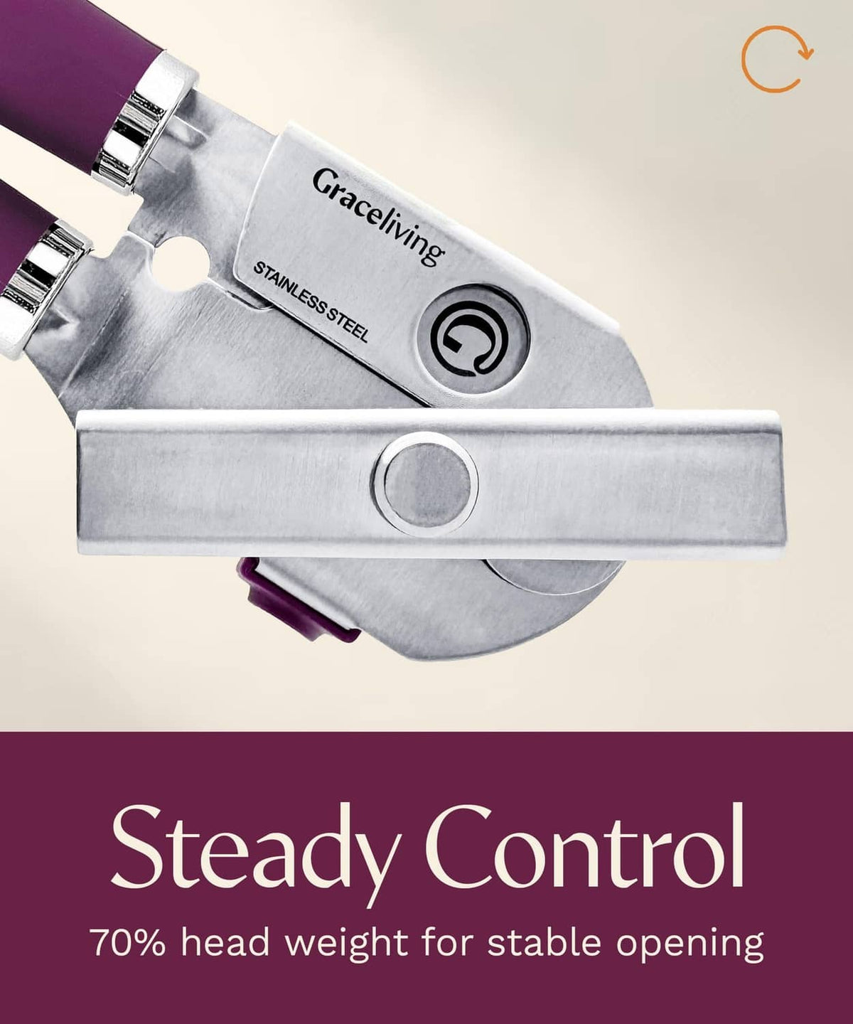 Manual can opener with stainless steel bar and mauve handles, steady control design